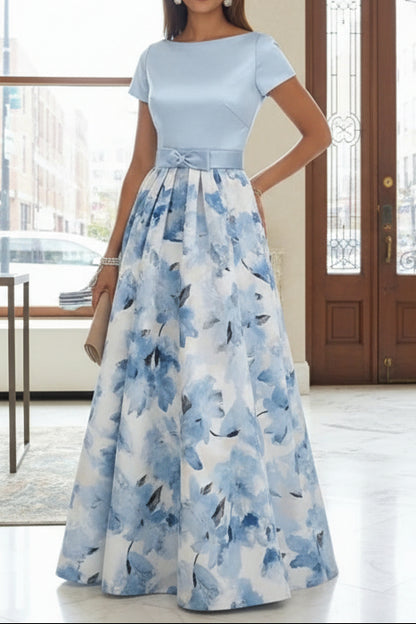 A-Line Mother of the Bride Dresses Floral Floor-Length Short Sleeves Bowknot
