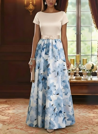 A-Line Mother of the Bride Dresses Floral Floor-Length Short Sleeves Bowknot