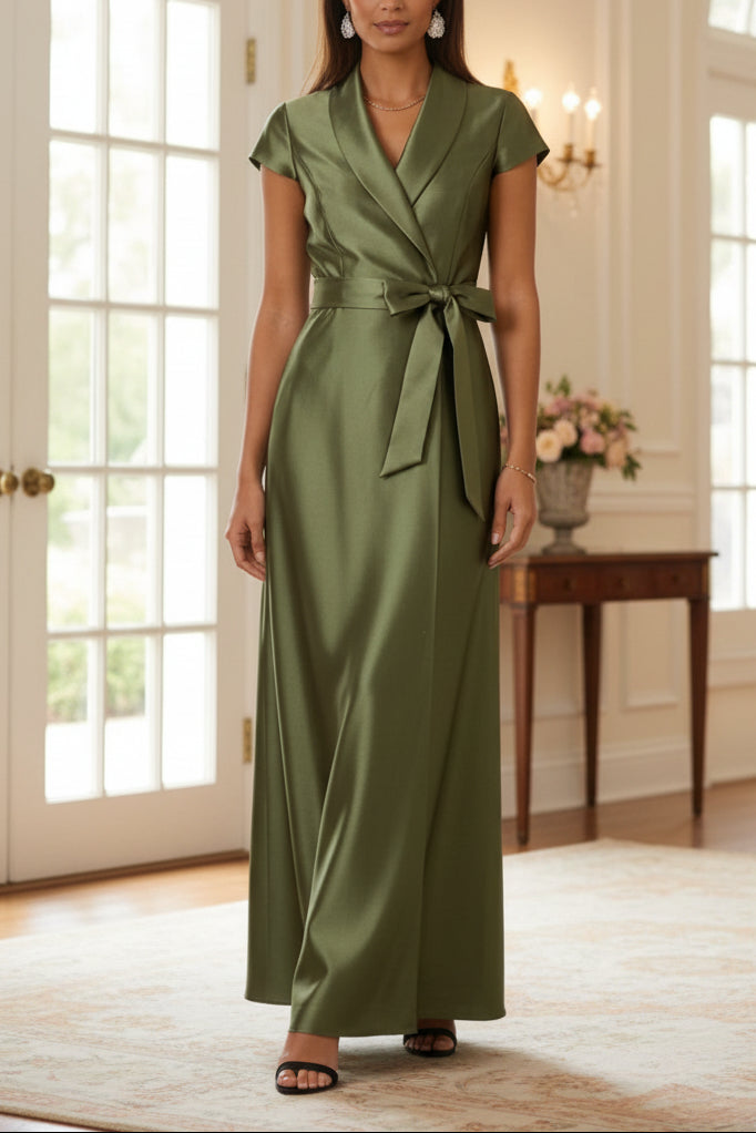 Cap Sleeves Ankle-Length Shirt Collar Silk Satin Mother of the Bride Dresses