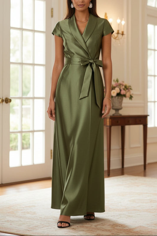 Cap Sleeves Ankle-Length Shirt Collar Silk Satin Mother of the Bride Dresses