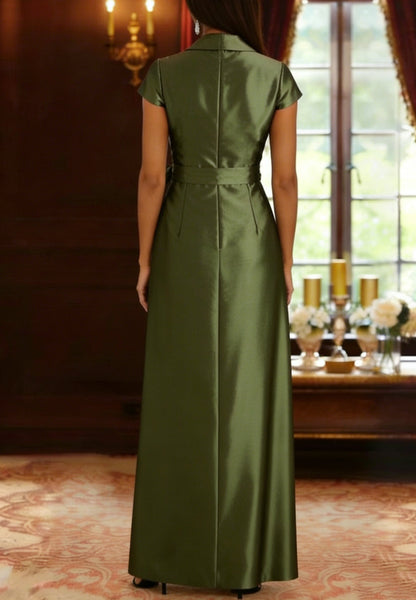 Cap Sleeves Ankle-Length Shirt Collar Silk Satin Mother of the Bride Dresses