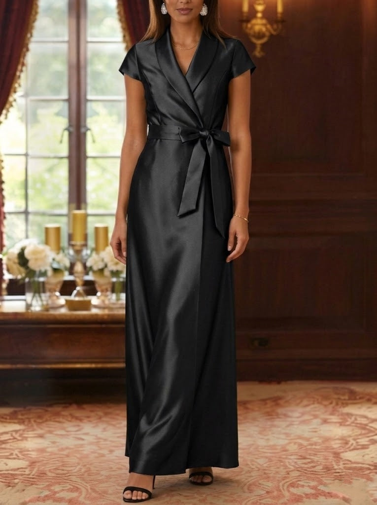 Cap Sleeves Ankle-Length Shirt Collar Silk Satin Mother of the Bride Dresses
