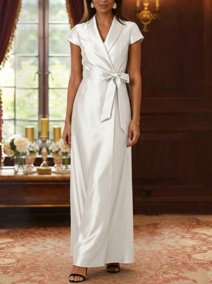 Cap Sleeves Ankle-Length Shirt Collar Silk Satin Mother of the Bride Dresses