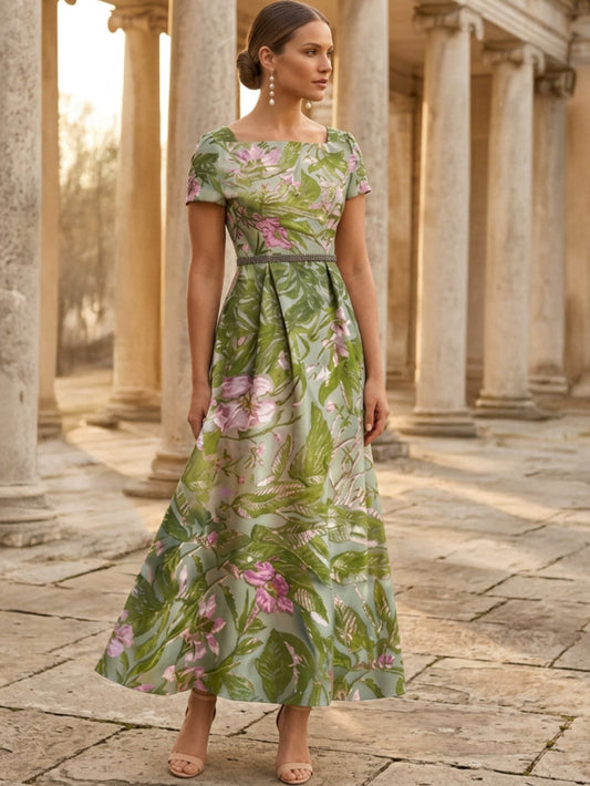 Floral Ankle-Length Short Sleeves Square Collar Satin Mother of the Bride Dresses