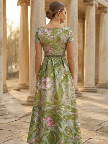 Floral Ankle-Length Short Sleeves Square Collar Satin Mother of the Bride Dresses