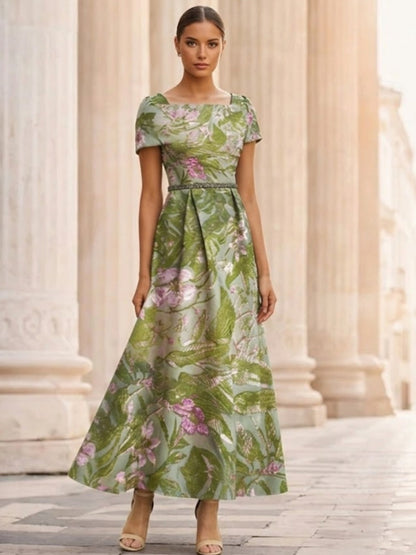 Floral Ankle-Length Short Sleeves Square Collar Satin Mother of the Bride Dresses