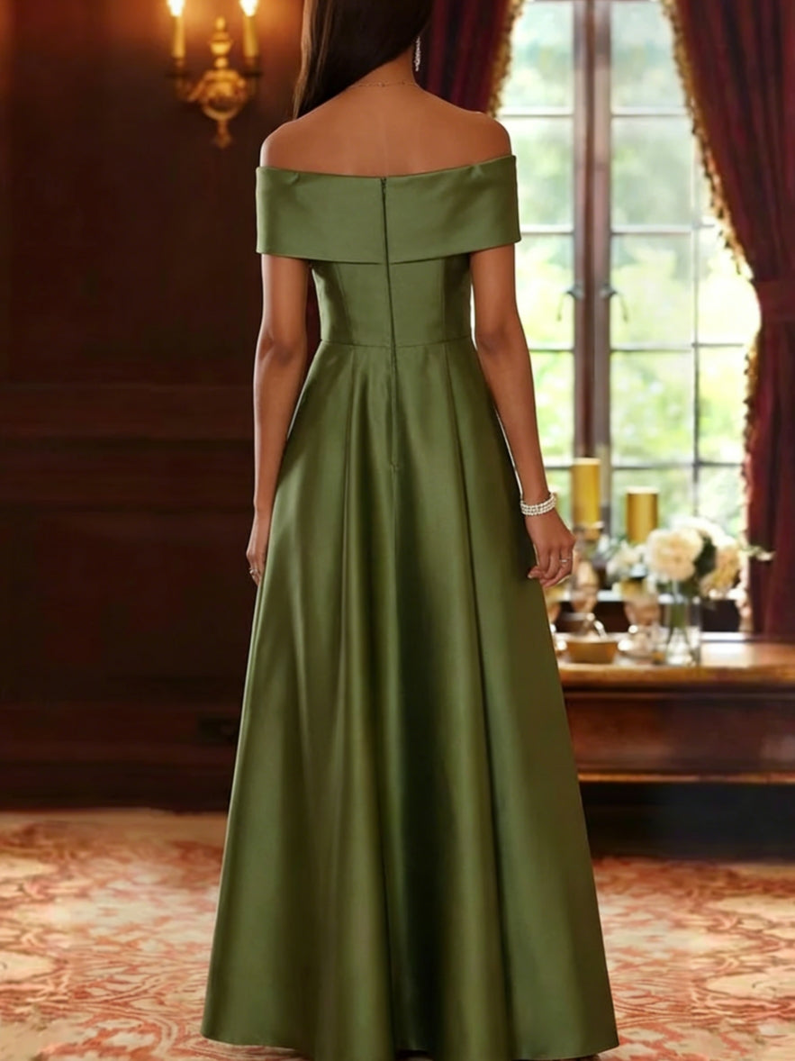Off-the-Shoulder Satin Mother of the Bride Dresses Sleeveless Floor-Length Pleated