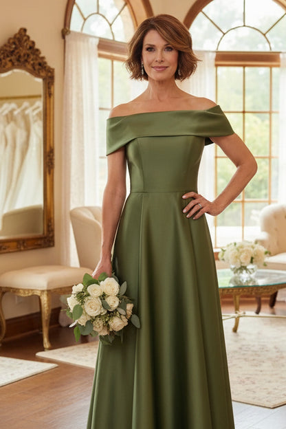 Off-the-Shoulder Satin Mother of the Bride Dresses Sleeveless Floor-Length Pleated