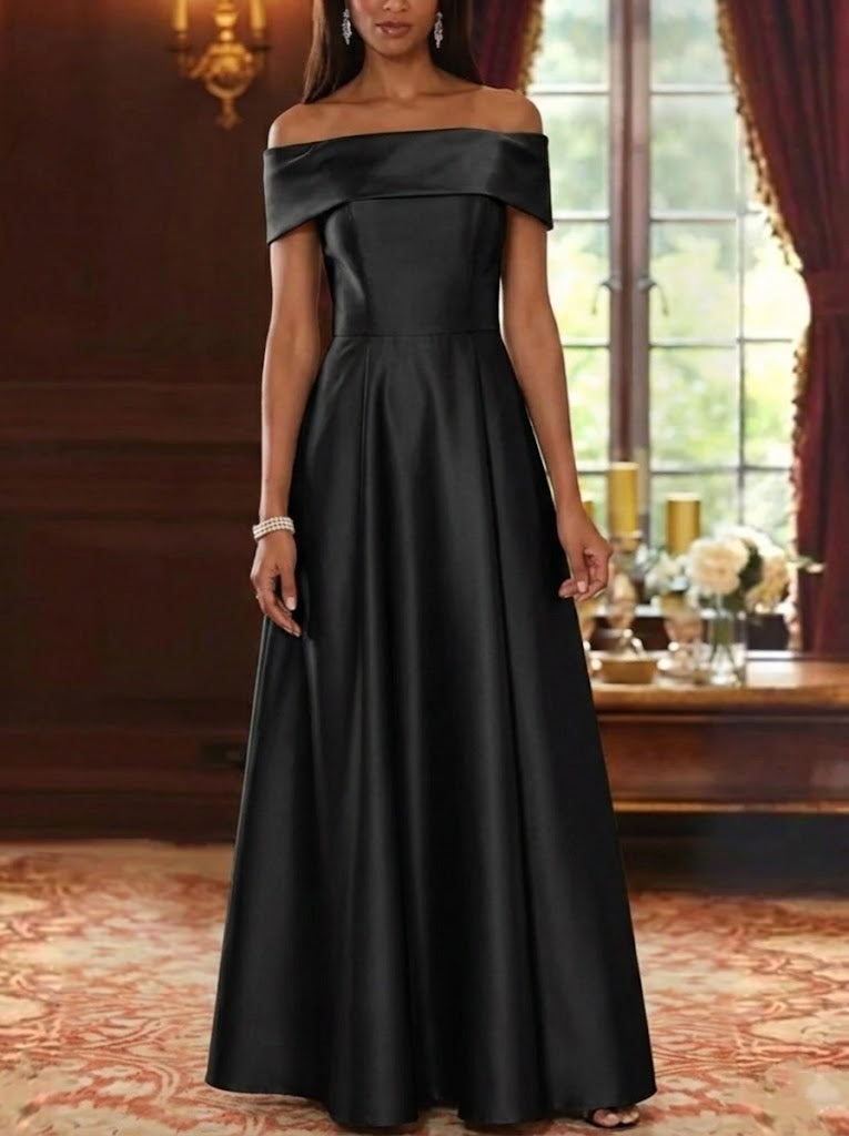 Off-the-Shoulder Satin Mother of the Bride Dresses Sleeveless Floor-Length Pleated