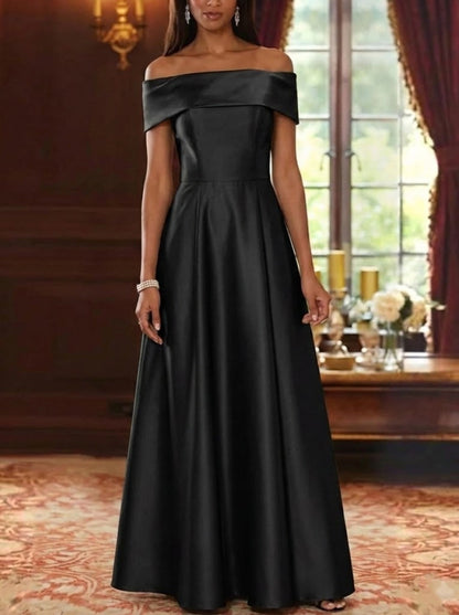Off-the-Shoulder Satin Mother of the Bride Dresses Sleeveless Floor-Length Pleated