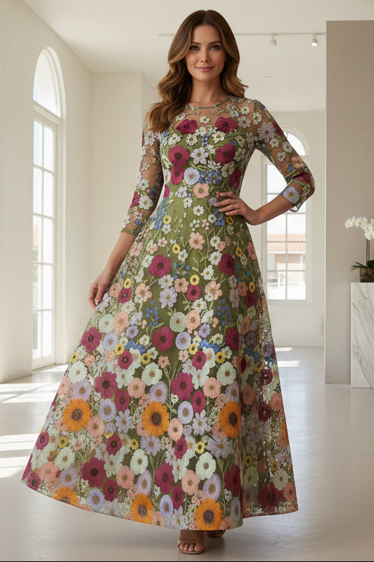 Floral Lace Ankle-Length 3/4 Sleeves Mother of the Bride Dresses