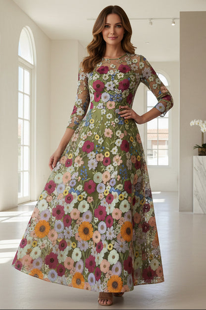 Floral Lace Ankle-Length 3/4 Sleeves Mother of the Bride Dresses