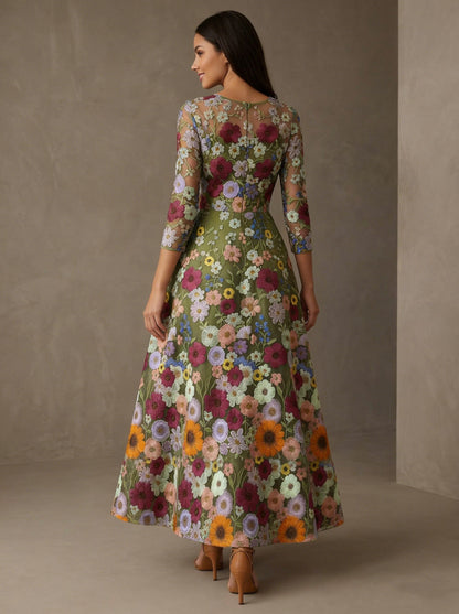 Floral Lace Ankle-Length 3/4 Sleeves Mother of the Bride Dresses