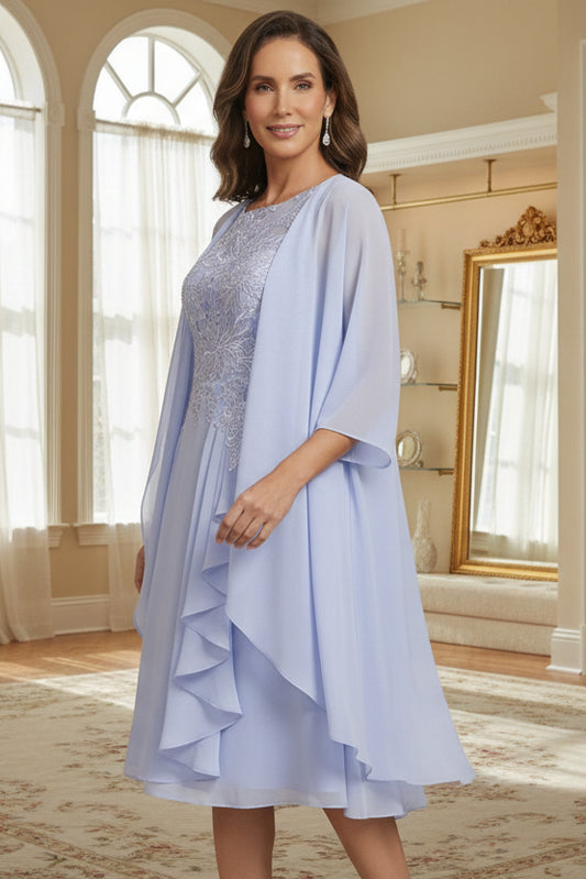 2 Pieces Scoop Chiffon Mother of the Bride Dresses with Lace Tea-Length 3/4 Sleeves Ruffles