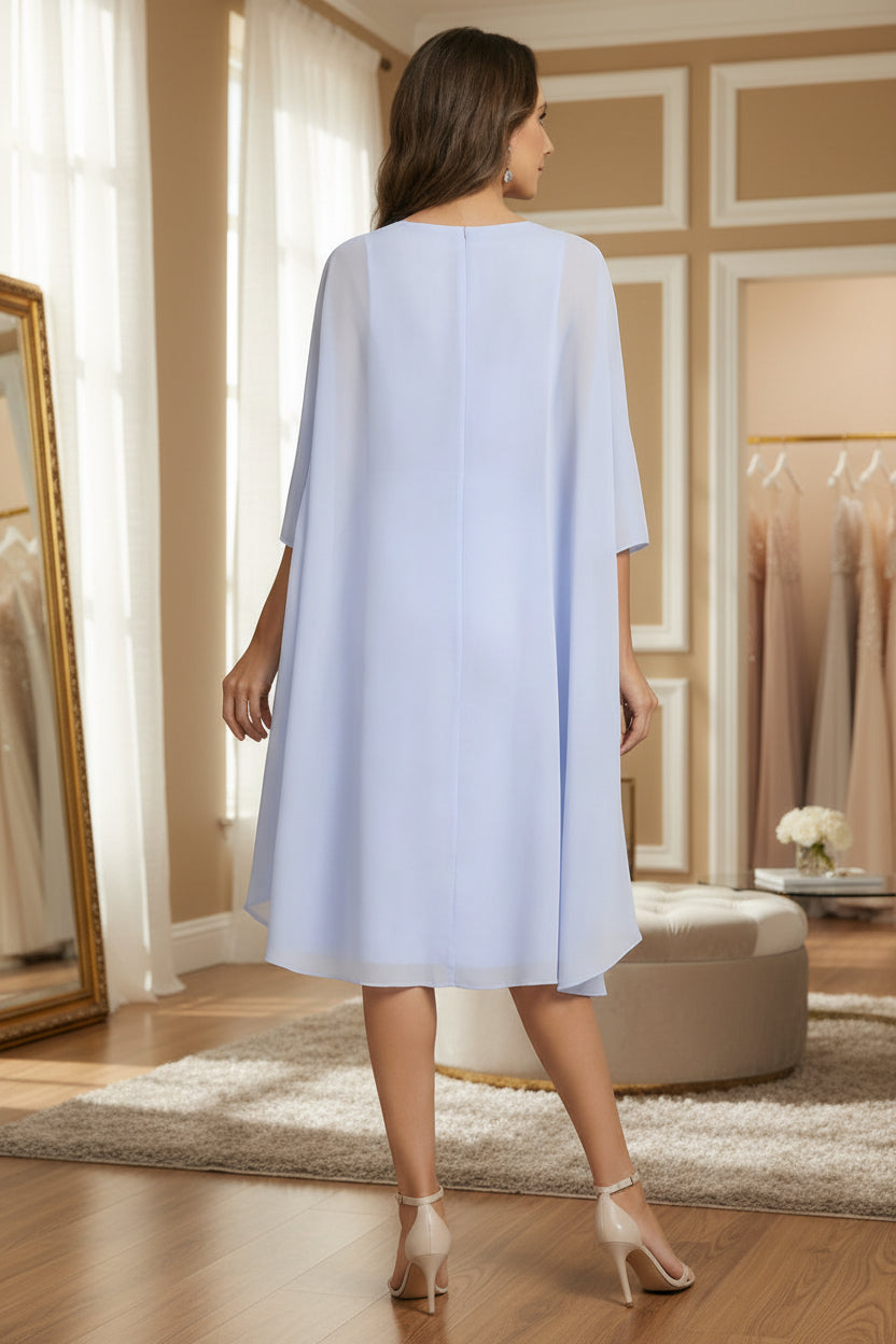 2 Pieces Scoop Chiffon Mother of the Bride Dresses with Lace Tea-Length 3/4 Sleeves Ruffles