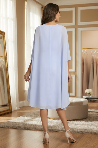 2 Pieces Scoop Chiffon Mother of the Bride Dresses with Lace Tea-Length 3/4 Sleeves Ruffles