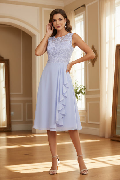 2 Pieces Scoop Chiffon Mother of the Bride Dresses with Lace Tea-Length 3/4 Sleeves Ruffles