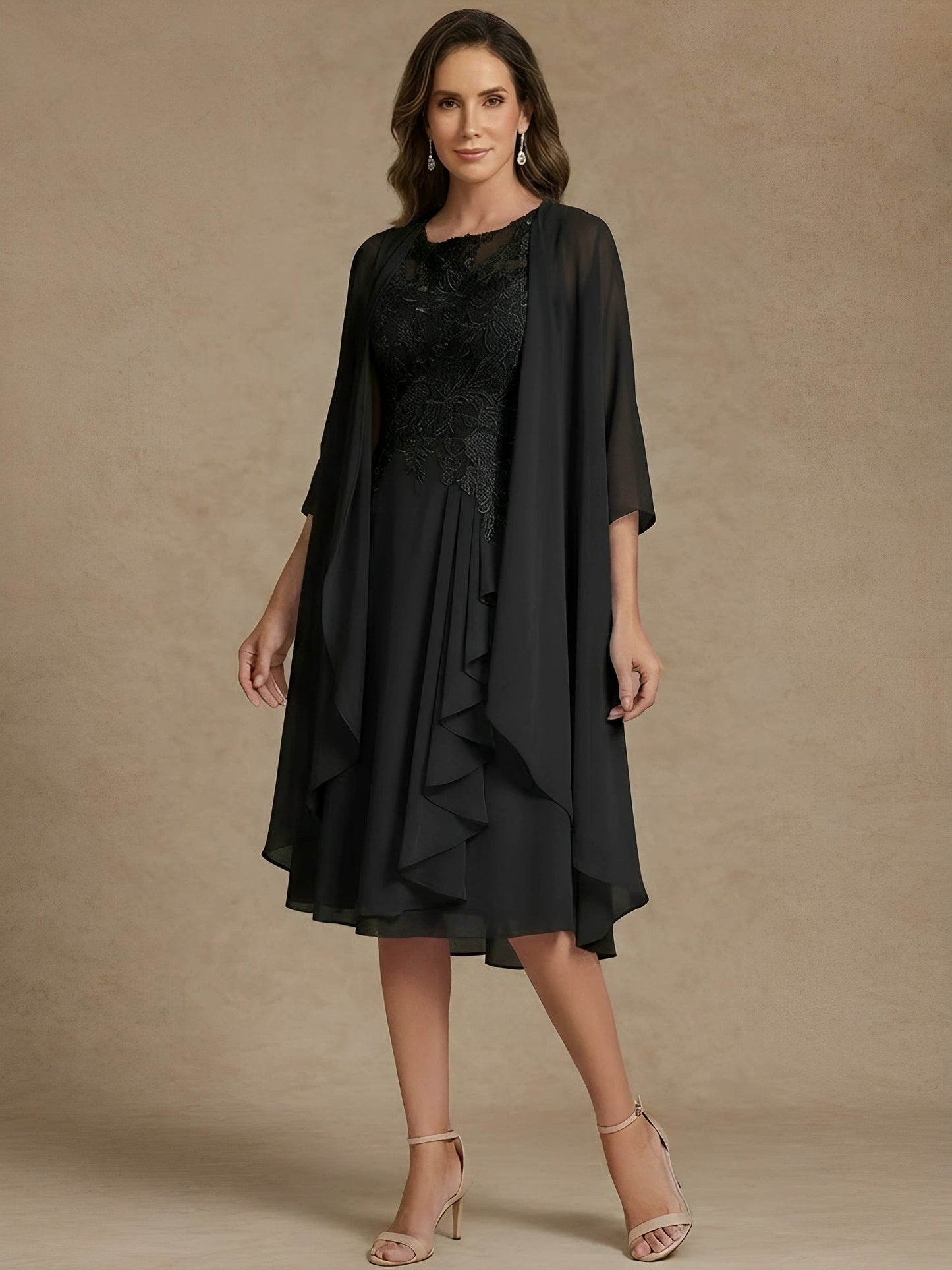 2 Pieces Scoop Chiffon Mother of the Bride Dresses with Lace Tea-Length 3/4 Sleeves Ruffles