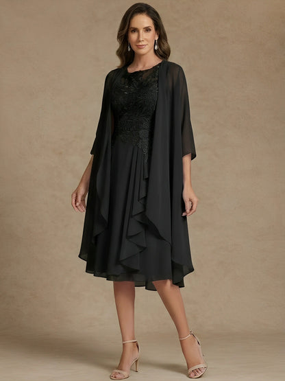 2 Pieces Scoop Chiffon Mother of the Bride Dresses with Lace Tea-Length 3/4 Sleeves Ruffles