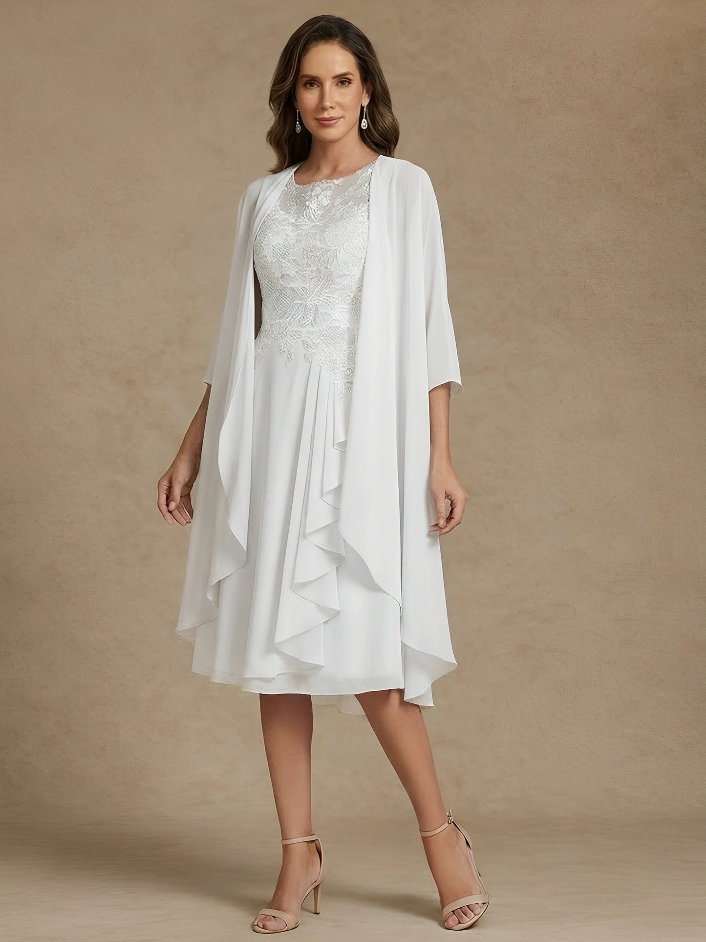2 Pieces Scoop Chiffon Mother of the Bride Dresses with Lace Tea-Length 3/4 Sleeves Ruffles