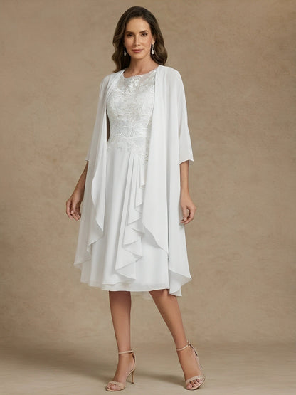 2 Pieces Scoop Chiffon Mother of the Bride Dresses with Lace Tea-Length 3/4 Sleeves Ruffles