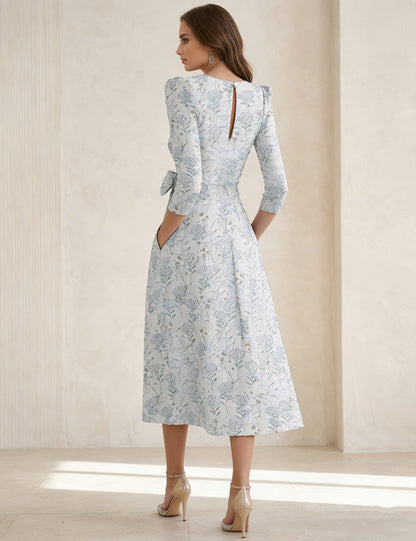Elegant V-Neck  Mother of the Bride Dresses Floral Tea-Length 3/4 Sleeves