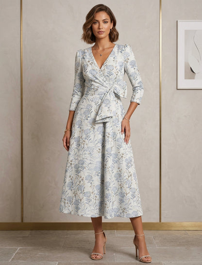 Elegant V-Neck  Mother of the Bride Dresses Floral Tea-Length 3/4 Sleeves