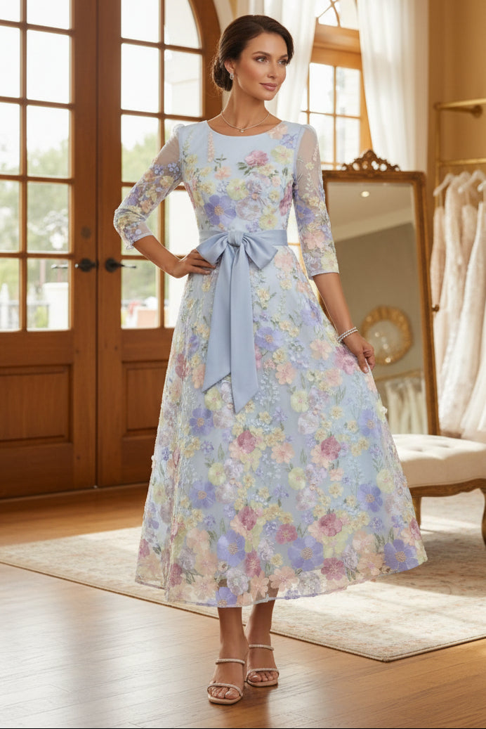 Floral Embroidery Tea-Length 3/4 Sleeves A-Line Scoop Lace Mother of the Bride Dresses  Bowknot
