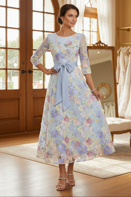 Floral Embroidery Tea-Length 3/4 Sleeves A-Line Scoop Lace Mother of the Bride Dresses  Bowknot