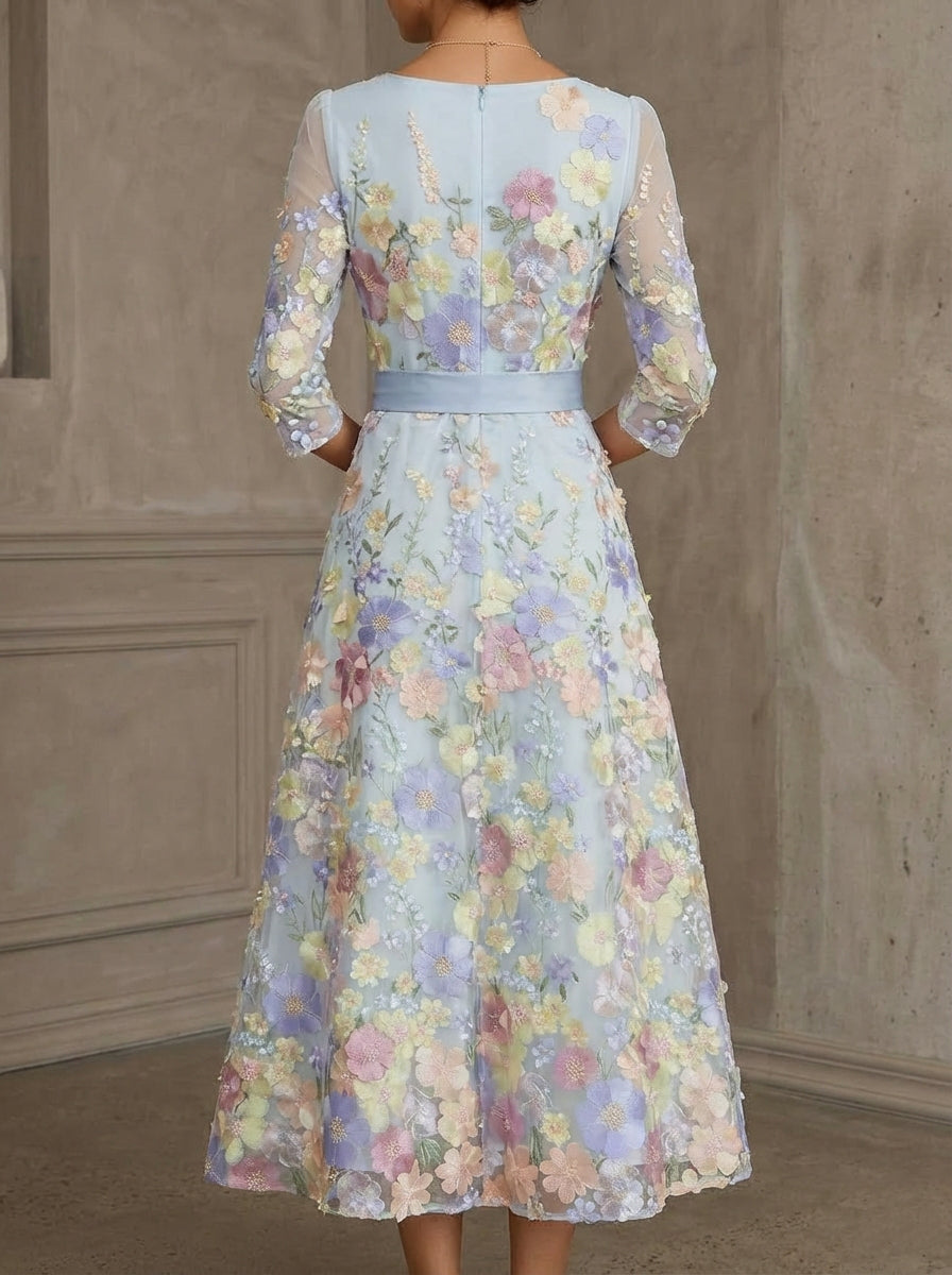 Floral Embroidery Tea-Length 3/4 Sleeves A-Line Scoop Lace Mother of the Bride Dresses  Bowknot