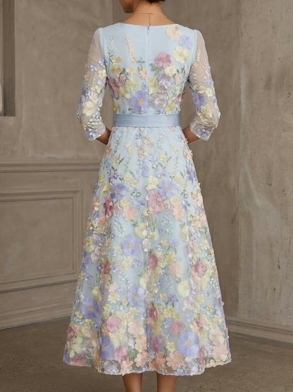 Floral Embroidery Tea-Length 3/4 Sleeves A-Line Scoop Lace Mother of the Bride Dresses  Bowknot
