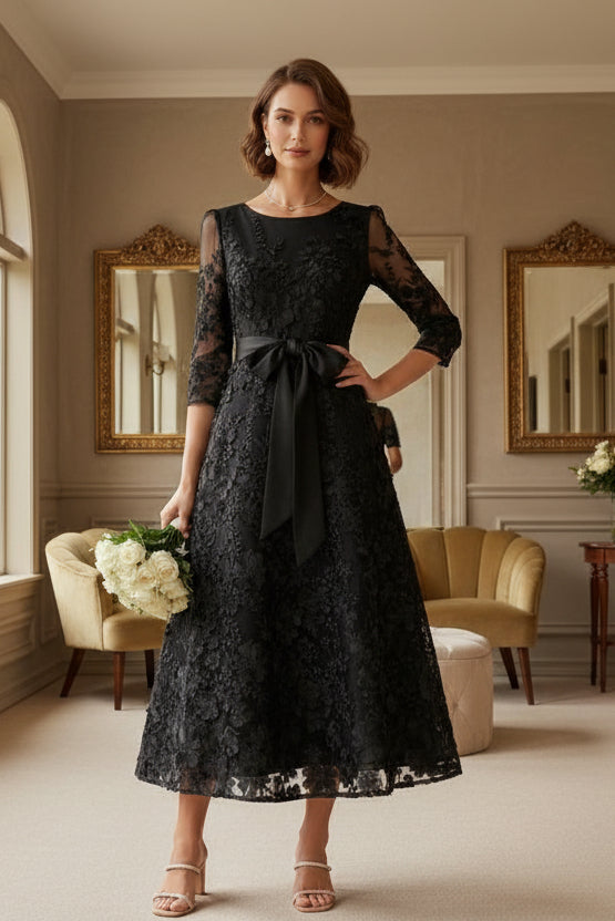Floral Embroidery Tea-Length 3/4 Sleeves A-Line Scoop Lace Mother of the Bride Dresses  Bowknot