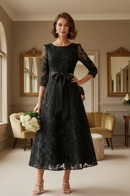 Floral Embroidery Tea-Length 3/4 Sleeves A-Line Scoop Lace Mother of the Bride Dresses  Bowknot
