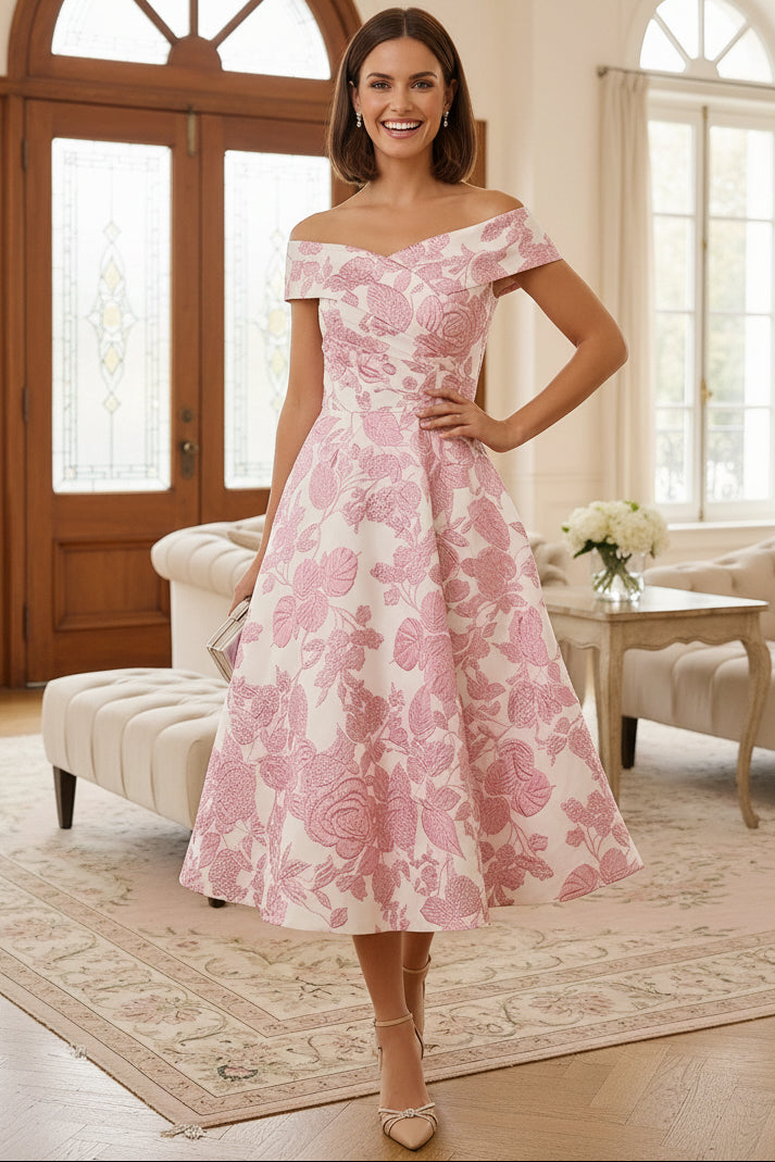 A-Line/Princess Floral Tea-Length Sleeveless Off-the-Shoulder Mother of the Bride Dresses