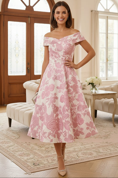 A-Line/Princess Floral Tea-Length Sleeveless Off-the-Shoulder Mother of the Bride Dresses