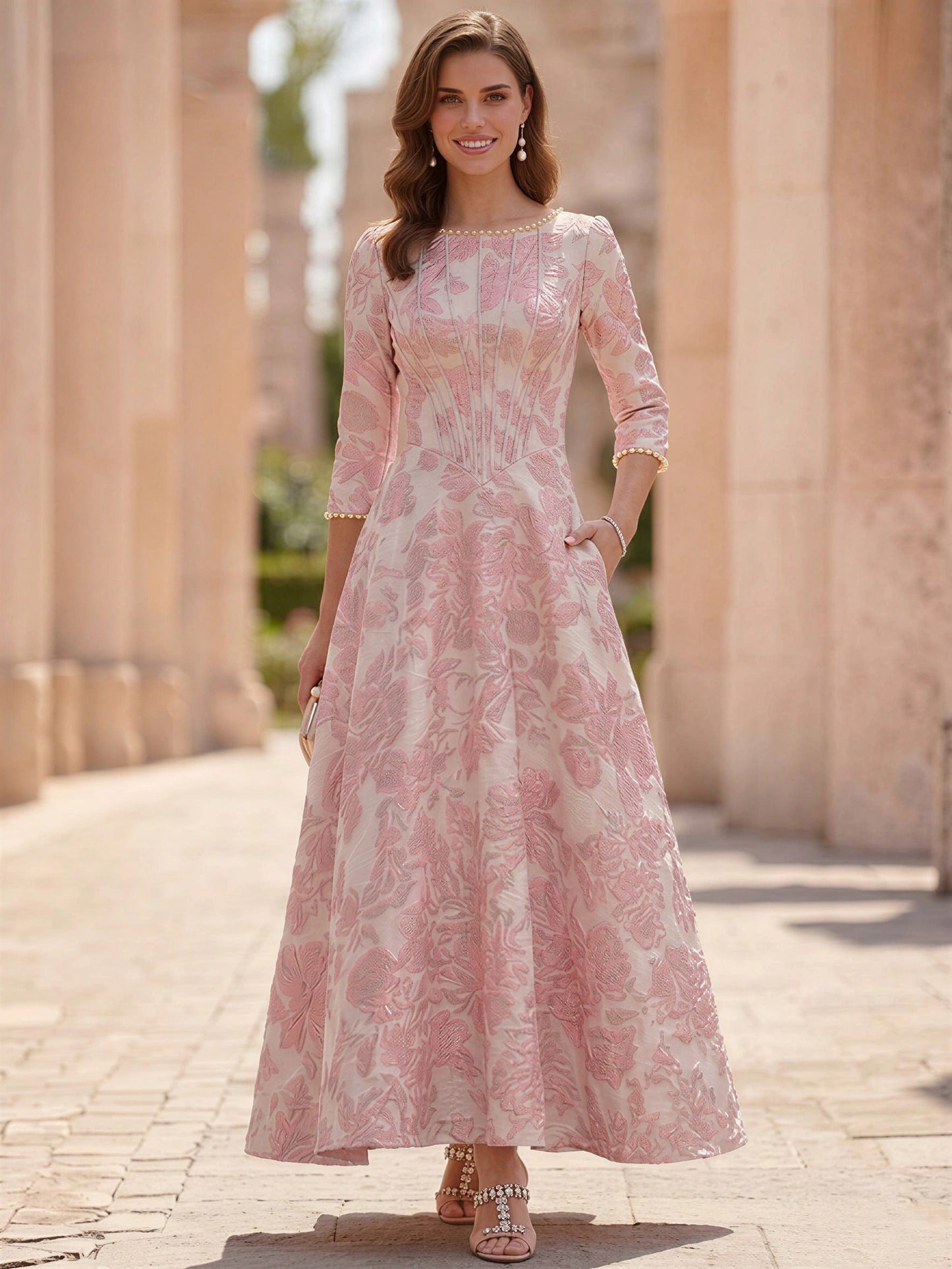 3/4 Ankle-Length Sleeves Floral Scoop Jacquard Mother of the Bride Dresses