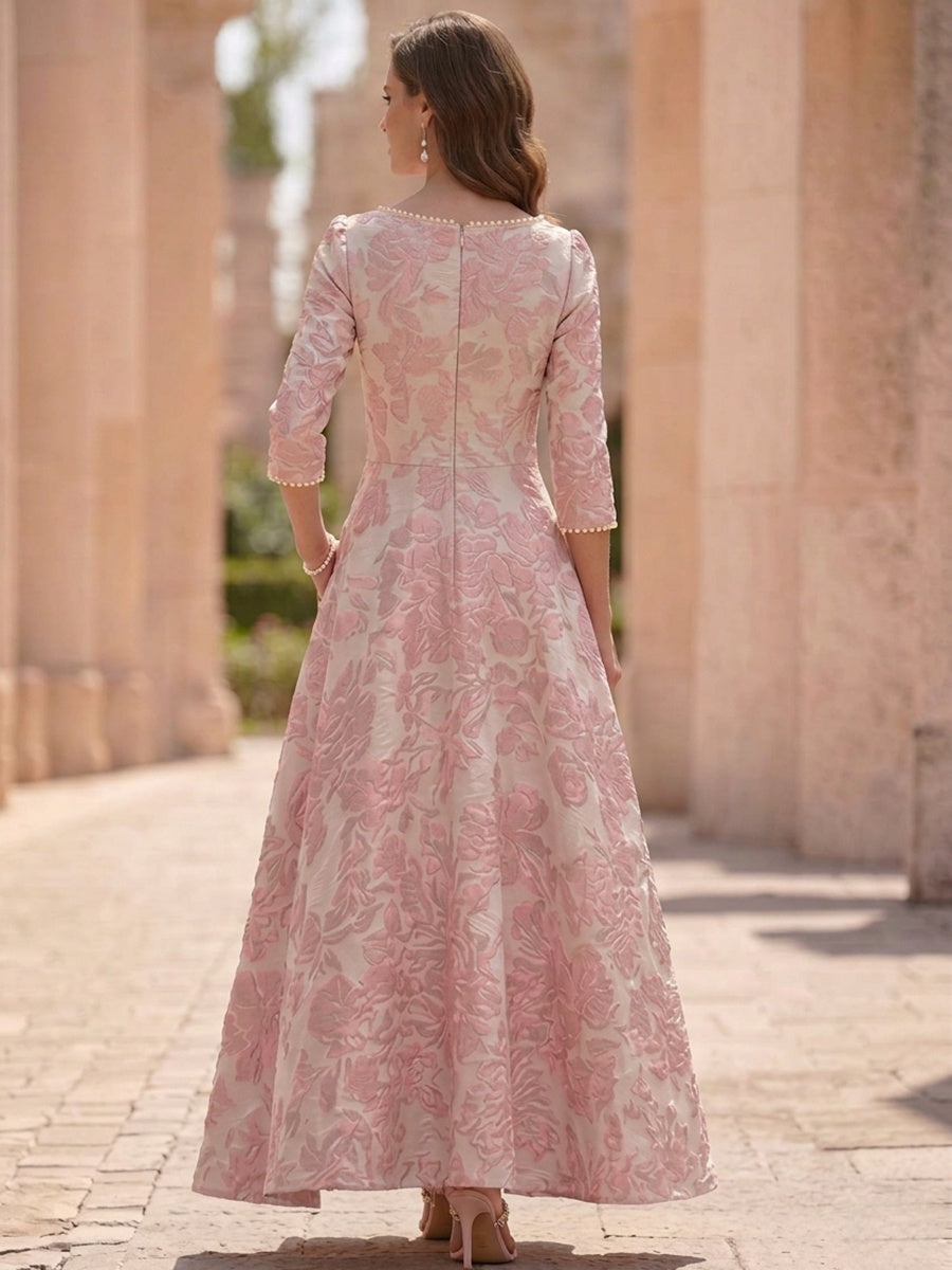 3/4 Ankle-Length Sleeves Floral Scoop Jacquard Mother of the Bride Dresses