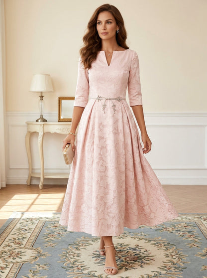 Pink Floral Burnout Mother of the Bride Dresses Tea-Length 3/4 Sleeves Belt Evening Dress