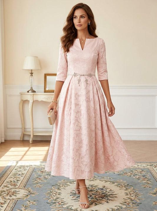 Pink Floral Burnout Mother of the Bride Dresses Tea-Length 3/4 Sleeves Belt Evening Dress