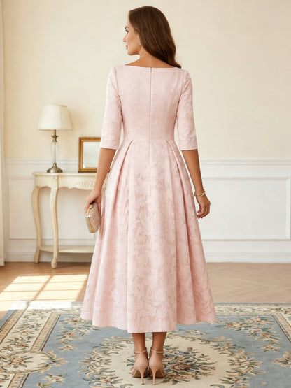 Pink Floral Burnout Mother of the Bride Dresses Tea-Length 3/4 Sleeves Belt Evening Dress