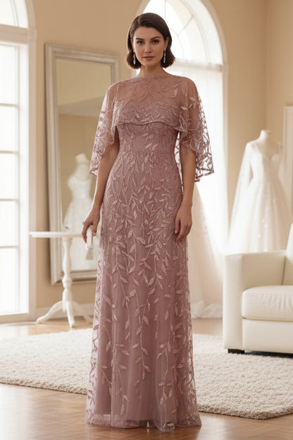 Sequins Floral Cape Sleeves Lace Mother of the Bride Dresses Floor-Length