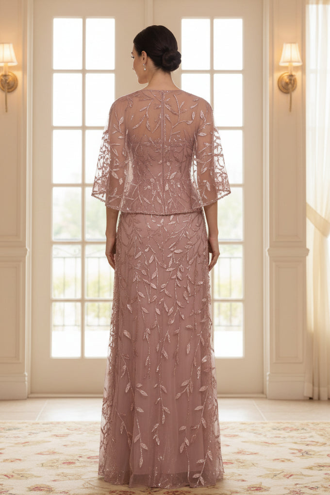 Sequins Floral Cape Sleeves Lace Mother of the Bride Dresses Floor-Length
