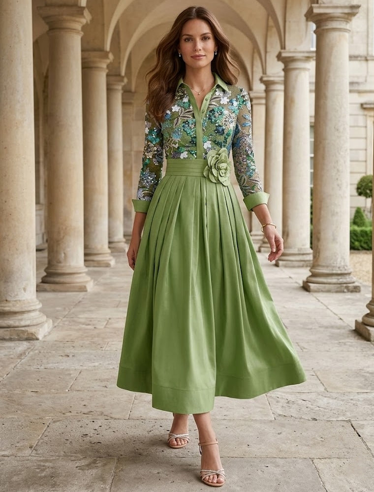 Lace Sequins Floral A-Line Mother of the Bride Dresses Tea-Length With 3D Flower
