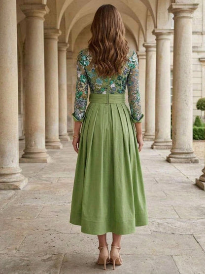 Lace Sequins Floral A-Line Mother of the Bride Dresses Tea-Length With 3D Flower