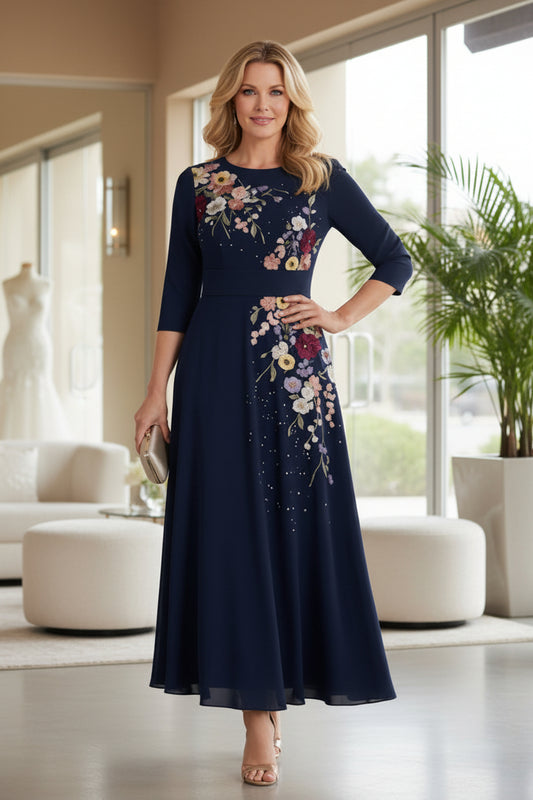 A-Line Chiffon Mother of the Bride Dresses 3/4 Sleeves Lace Tea-Length Floral