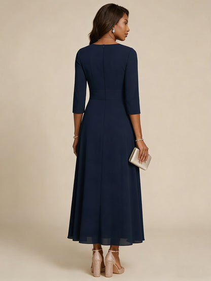 A-Line Chiffon Mother of the Bride Dresses 3/4 Sleeves Lace Tea-Length Floral