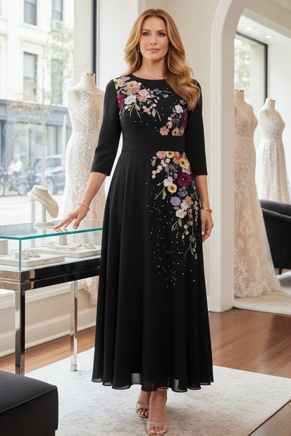 A-Line Chiffon Mother of the Bride Dresses 3/4 Sleeves Lace Tea-Length Floral