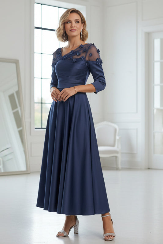 Navy Mother of the Bride Dresses 3/4 Sleeves Floral Tea-Length 3D Flower