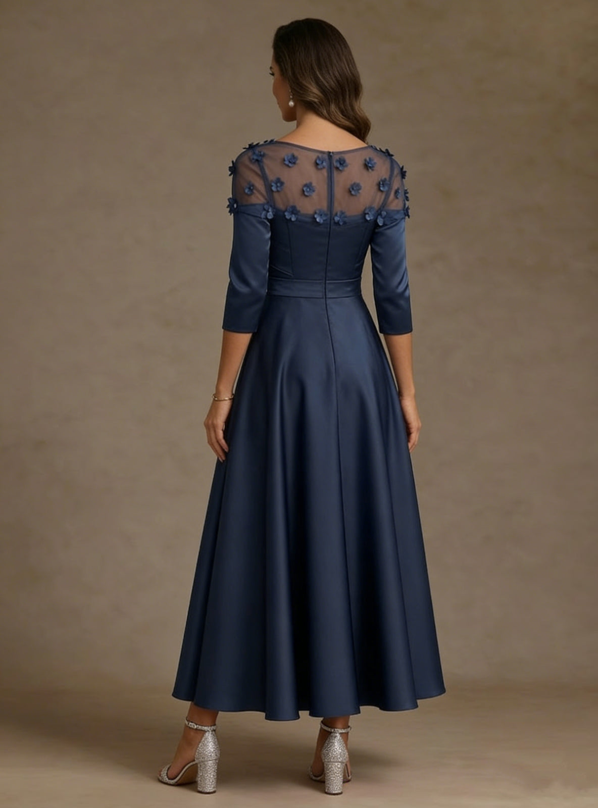 Navy Mother of the Bride Dresses 3/4 Sleeves Floral Tea-Length 3D Flower