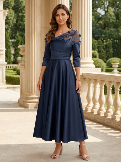 Navy Mother of the Bride Dresses 3/4 Sleeves Floral Tea-Length 3D Flower